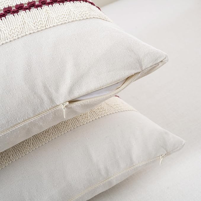 Fancy Homi Set of 1 Burgundy Boho Long Lumbar Decorative Throw Pillow Cover 12x20 Inch for Couch Bed Sofa, Aesthetic Modern Farmhouse Christmas Room Decor, Soft Cotton Cute Wind Red Cushion Case