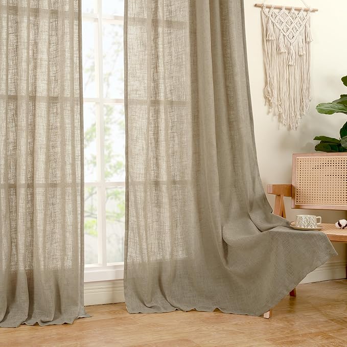 LAMIT 54 Inch Semi Sheer Window Linen Curtains, Light Filtering Panels Back Tab and Rod Pocket Country Decor Drapes for Bedroom/Farmhouse, Taupe, 2 Panels, 34 x 54 Inch