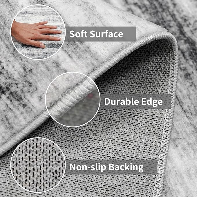4x8 Wide Washable Runner Rug: Easy-to-Clean Runners for Hallway Entryway Kitchen Bedroom Living Room - Stain and Water Resistant Rugs with Non-Slip Backing - Soft Low-Pile Carpet Grey