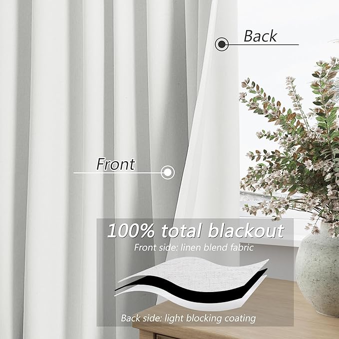 Guken Off White 100% Blackout Curtains 84 Inch Length 2 Panels Set for Living Room Bedroom Back Tab Thermal Insulated Black Out Linen Drapes Room Darkening Window Curtains 84 Inches Long