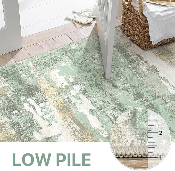 Runner Rug for Hallway Kitchen, 3x7 Machine Washable Runners Rug for Entryway, Soft Modern Abstract Throw Rugs, Low Pile Floor Cover with Non Slip Backing, Light Green
