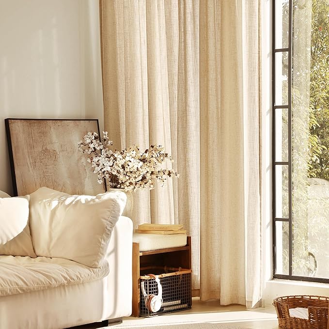 Tan Linen Curtains 120 inches Long for Living Room Back Tab Rustic Farmhouse Semi Sheer Light Filtering Window Curtain Dining Room Soft Thick Flax Linen Textured Drapes Kahki 52x120