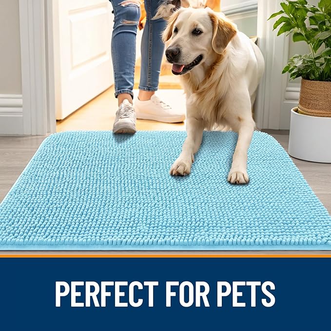 OLANLY Dog Door Mat for Muddy Paws 32x20, Absorbs Moisture and Dirt, Absorbent Non-Slip Washable Doormat, Quick Dry Chenille Mud Mat for Dogs, Entry Indoor Entryway Carpet for Inside Floor, Blue