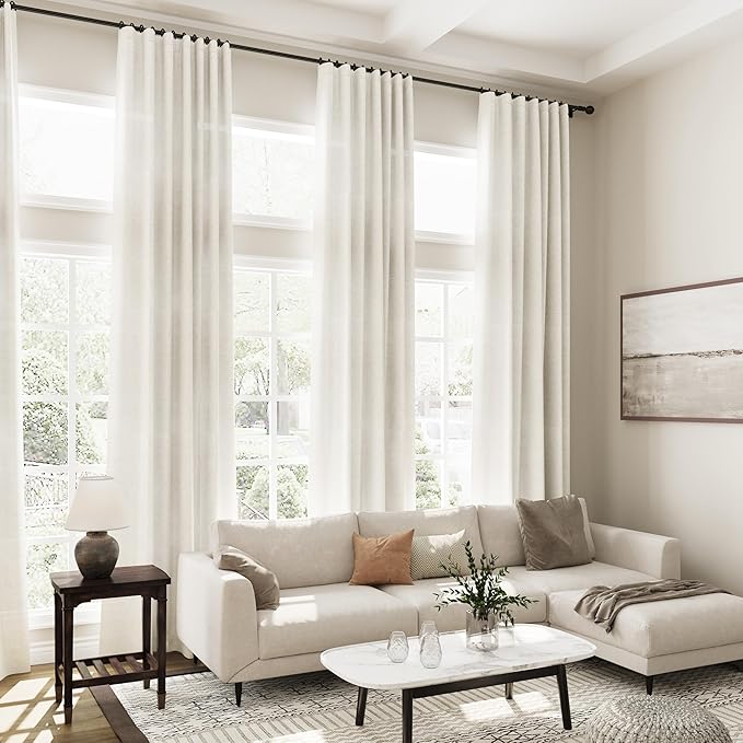 Linen Cream Curtains 145 inch Extra Long for Living Room Back Tab Light Filtering Semi Sheer Drapes Modern Farmhouse Coastal Decor Cotton Textured Curtain for Floor to Ceiling High Window 52x145