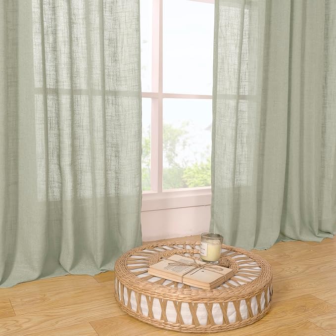 LAMIT Light Filtering Linen Curtains 72 inches Long for Bedroom, Linen Textured Semi Sheer Back Tab and Rod Pocket Boho Drapes for Window/Living Room, Sage Grey, 2 Panels, 34 x 72 Inch