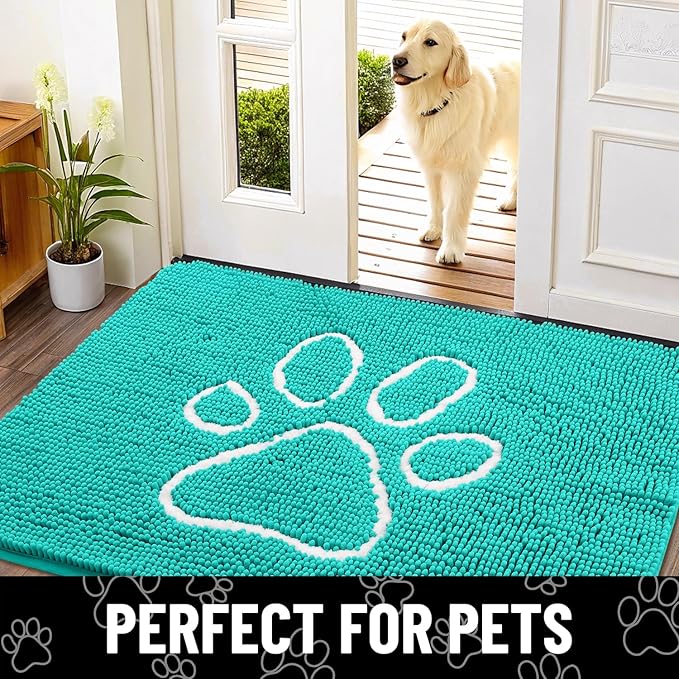 Smiry Dog Door Mat for Muddy Paws, Absorbent Dirt Trapper Non Slip Quick Dry Washable Chenille Mat for Mud Dogs, Entry Rug for Indoor and Outdoor (59x35 Inches, Turquoise and White)