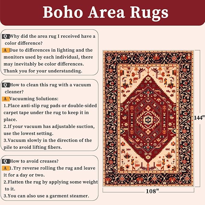 SERISSA 9x12 Area Rugs for Living Room, Large Washable Non-Slip Boho Rug, Ultra Soft Vintage Red Black Oriental Tribal Print Distressed Carpet for Dining Room Bedroom Dorm Office Home Decor