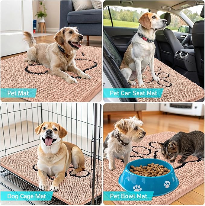 OLANLY Dog Door Mat for Muddy Paws 48x30, Paw Print Design, Absorbs Moisture and Dirt, Absorbent Non-Slip Washable Doormat, Quick Dry Chenille Mud Mat for Dogs, Entry Indoor Entryway Carpet, Peach