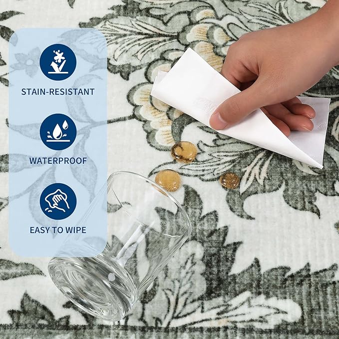 GarveeHome Provence 8x10 Area Rugs for Living Room, Botanical Grove Soft Cottagecore Washable Rug for Bedroom Dining Nursery Low-Pile Vintage Large Carpet Gray Fog Green