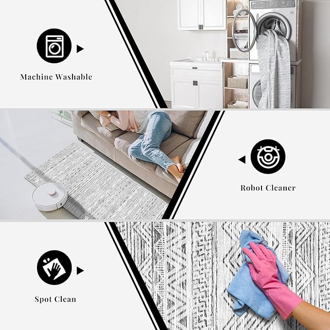 Moroccan Washable Hallway Runner Rug - 2'6"x14' Non Slip Kitchen Rug Rubber Backing Floor Carpet Low Pile Mat Soft Living Room Rug for Entryway Farmhouse Bedroom 2'6"x14' Gray