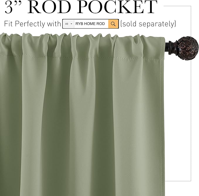 RYB HOME Blackout Privacy Bathroom Window Curtains, Short Thermal Insulated Heat Blocking Privacy Rod Pocket Half Window Curtain Tiers for Nursery Bedroom, Width 42 by Length 30, Sage Green, 2 Panels