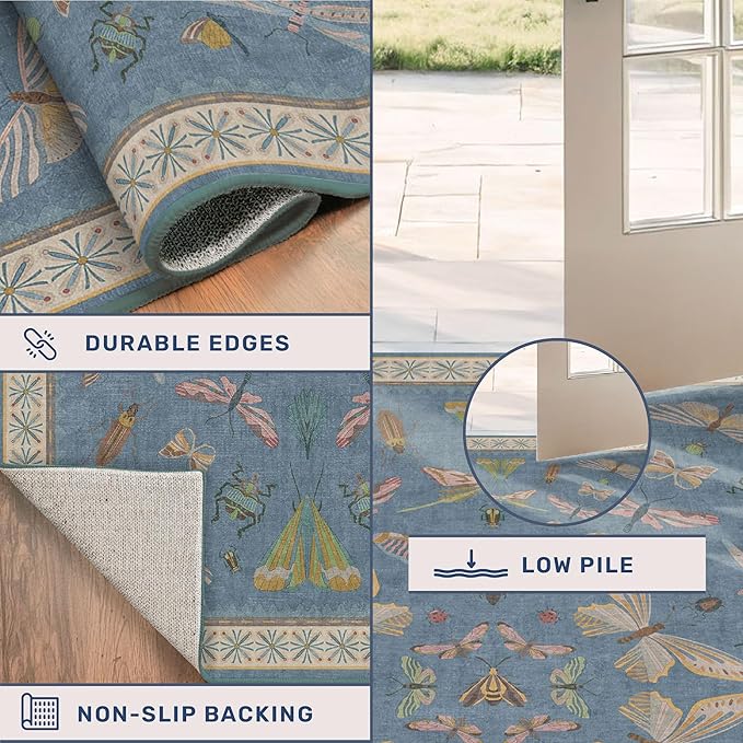 Hazo Haus 6x9 Blue Floral Rug for Dining Room Table - Area Rugs for Living Room, Bedroom, Insect Moth Art Nouveau Décor, Washable Lightweight Foldable Non Slip