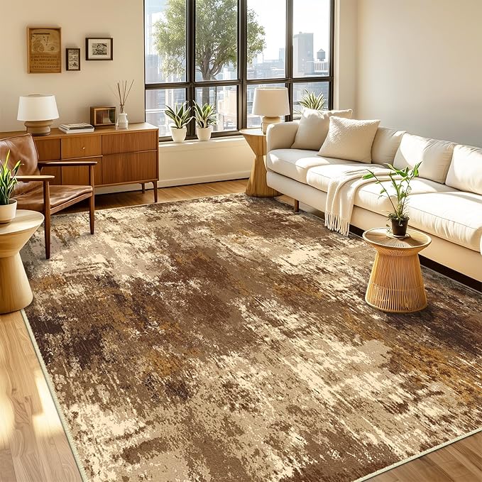 Washable Area Rugs 2'x10' Non-Slip Modern Abstract Soft for Living Room Entryway Bedroom Nursery, Print Pattern, Brown Tan Beige Coffee