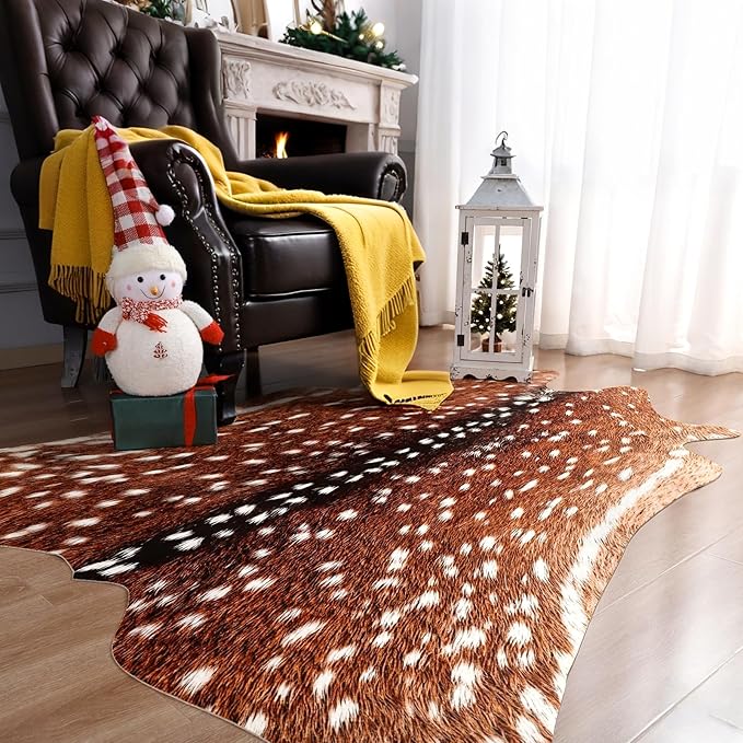 AROGAN Premium Deer Print Rug 4.6x5.2 Feet, Machine Washable Faux Fur Rug, Non-Slip Animal Print Hide Deer Skin Area Rug for Bedroom Living Room Home Decor