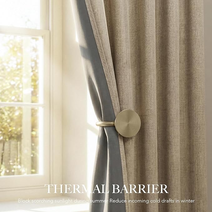 RYB HOME Linen Textured 100% Blackout Curtains for Bedroom, Insulating Energy Saving Window Curtains for Living Room Dining Patio Sliding Glass Door, Wide 52 x Long 108 inch, Burlap, 2 Panels
