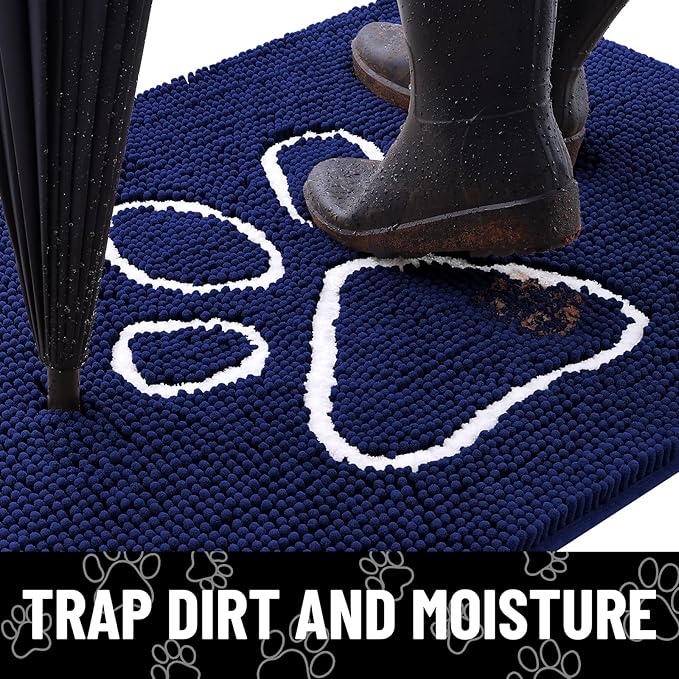 Smiry Dog Door Mat for Muddy Paws, Absorbent Dirt Trapper Non Slip Quick Dry Washable Chenille Mat for Mud Dogs, Entry Rug for Indoor and Outdoor (24x16 Inches, Navy Blue and White)