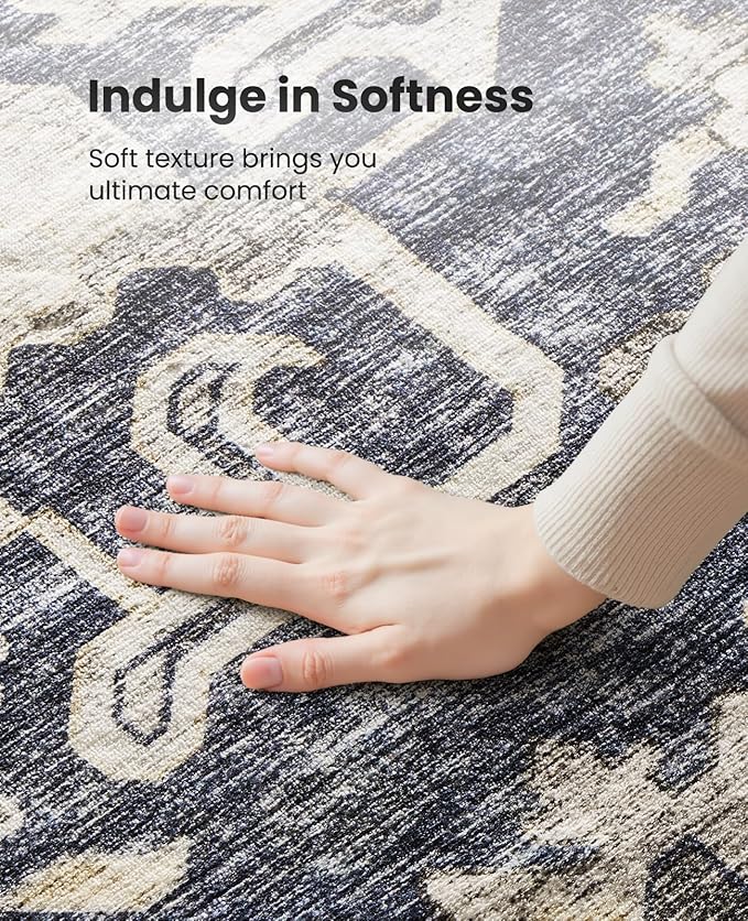 AMADA HOMEFURNISHING 8x10 Washable Area Rug, Low-Profile Large Area Rug with Non-Slip Backing & Durable Edge Binding, Vintage Large Rugs for Living Room, Bedroom, Dinning Room