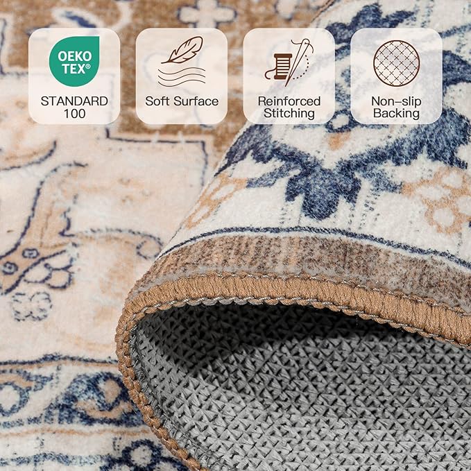 Lofus 2x8 Hallway Washable Runner Rug, Vintage Kitchen Runners Non Slip, Entryway Rugs for Bathroom Bedroom Living Room Laundry Room Floor Mat, Boho Entry Long Carpet, Floral Brown