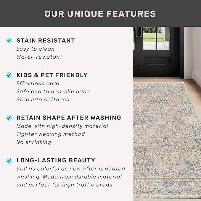Hazo Haus Beige Blue Washable 2'6"x10' Wide Hallway Runners, Kitchen Runner Rug, Non-Slip & Stain Resistant 10ft Long Floor Rug, Retro Lilic Boho Floral Décor