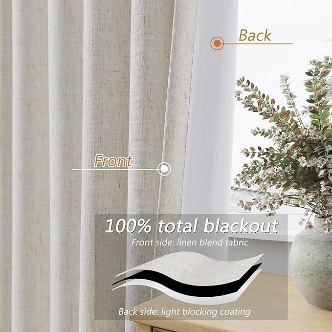 Guken 63 Inch Long Boho Blackout Curtains 100% Black Out Linen Curtain 2 Panels Set, Thermal Insulated Country Window Drapes for Living Room Bedroom Room Darkening Back Tab Rod Pocket, 52x63
