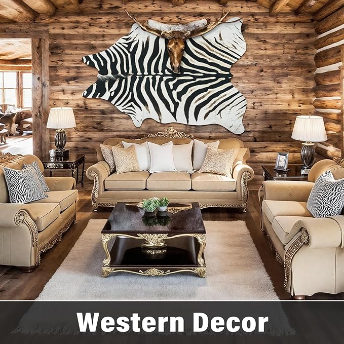 AROGAN Western Faux Fur Zebra Rug, 4.6 x 5.2 Feet Premium Animal Skin Print Rug, Sturdy Faux Zebra Hide Rugs for Wall Decor, Western Floor Carpet for Bedroom Living Room, Black and White