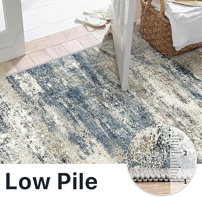 2x3 Rugs for Entryway Entrance Kitchen Bathroom, Machine Washable Modern Abstract Soft Area Rug, Low Pile Indoor Floor Carpet with Non Slip Backing, Navy Beige