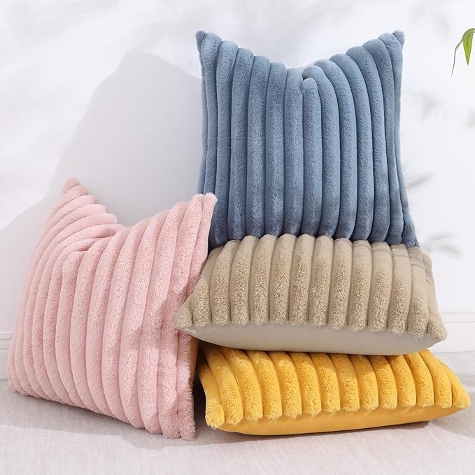 decorUhome Cozy Faux Fur Throw Pillow Covers 22x22 Set of 2 Decorative Soft Plush Striped Modern Farmhouse Boho Couch Euro Sham Pillow Cases with Velvet Back for Sofa Bed Living Room, Grey Blue