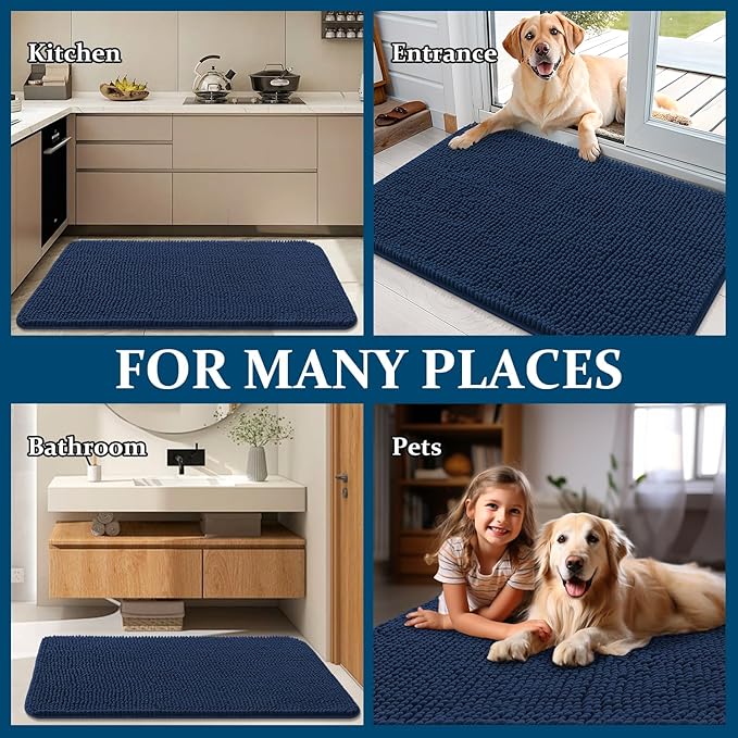 OLANLY Dog Door Mat for Muddy Paws 70x35, Absorbs Moisture and Dirt, Absorbent Non-Slip Washable Doormat, Quick Dry Chenille Mud Mat for Dogs, Entry Indoor Entryway Carpet for Inside Floor, Dark Blue