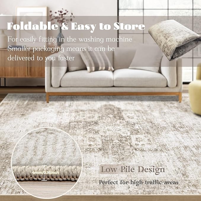 Area Rug 10x14 Washable Rug, Vintage Boho Medallion Rugs Non-Slip Soft Low Pile Large Distressed Rug Indoor Retro Carpet for Living Room Bedroom Dining Room Home Office (Taupe, 10'x14')