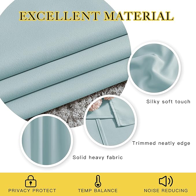 NICETOWN Sky Blue Curtains for Kids Room - Triple Weave Microfiber Home Thermal Insulated Solid Ring Top Blackout Panels/Drapes for Bedroom(Sky Blue, Set of 2, 52 x 95 Inch)
