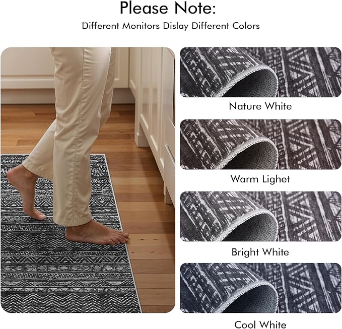 4x10 Washable Hallway Runner Rug：Moroccan Non-Slip Wide Runners for Entryway Kitchen Soft Modern Geometric Low-Pile Rugs for Living Room Thin Waterproof Carpet for Bedroom Bathroom Laundry(Black,4x10)