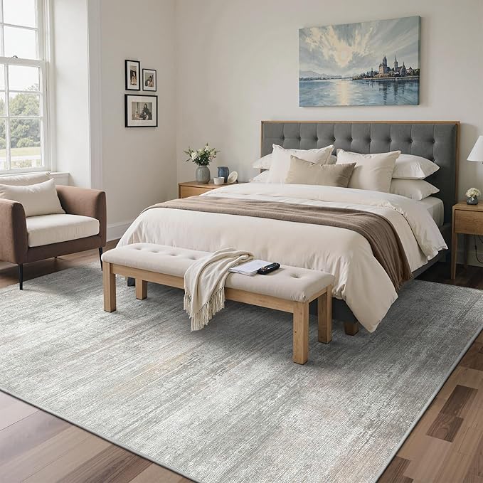 Area Rugs 8x10 for Living Room Bedroom, Modern Abstract Machine Washable Rug, Large Soft Low Pile Floor Carpet with Non Slip Backing for Dining Room, Light Grey/Beige
