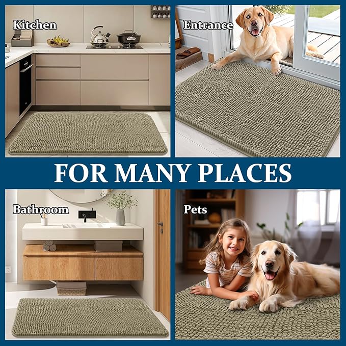OLANLY Dog Door Mat for Muddy Paws 48x30, Absorbs Moisture and Dirt, Absorbent Non-Slip Washable Doormat, Quick Dry Chenille Mud Mat, Entry Indoor Entryway Carpet for Inside Floor, Warm Taupe