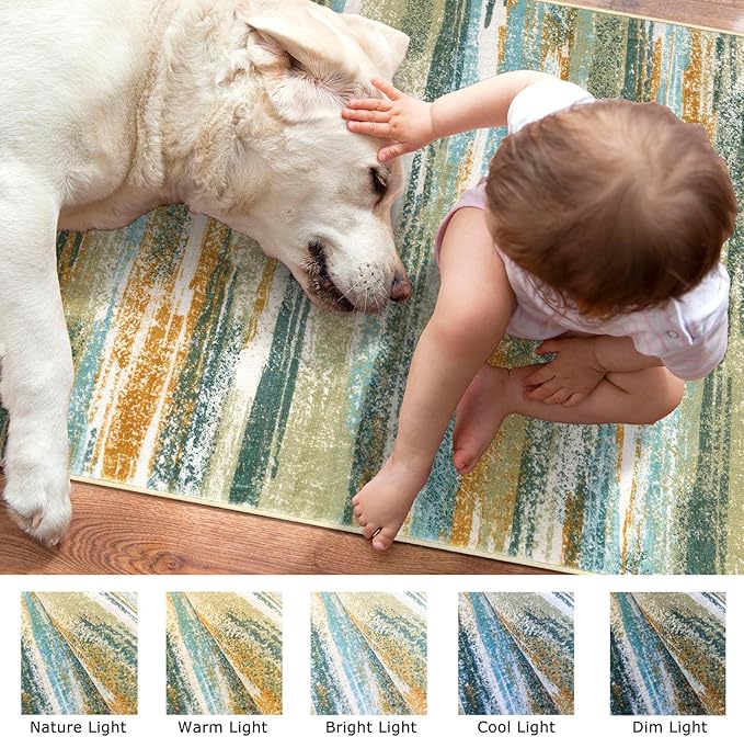 Lansny Modern Abstract 8x10 Large Machine Washable Living Room Rug Non-Slip Soft Bedroom Area Rug Green Mustard Multi Ultra Thin Print Faux Wool Carpet Throw Rugs for Playroom Dining Room Indoor