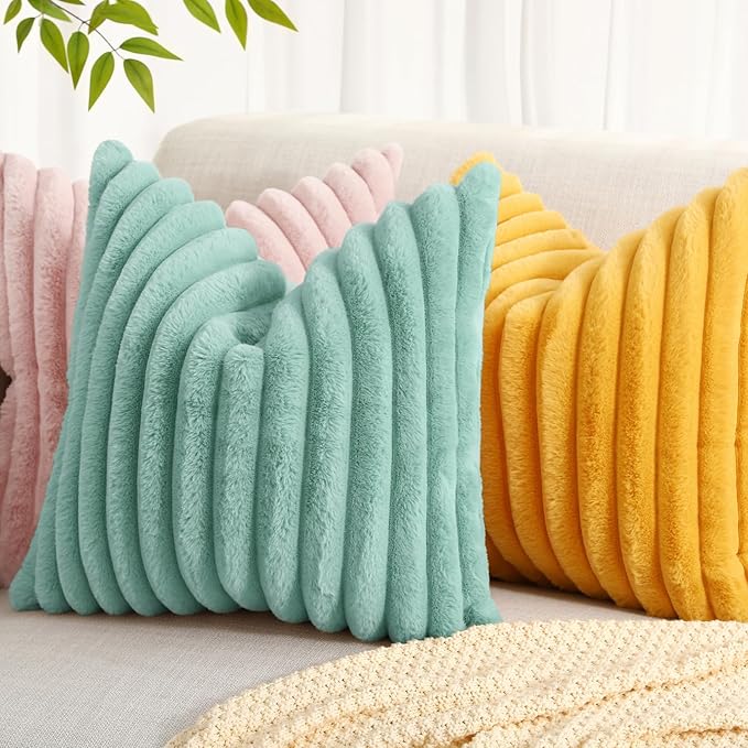 decorUhome Summer Cozy Faux Fur Throw Pillow Covers 12x20 Set of 2 Decorative Plush Striped Lumbar Modern Farmhouse Boho Couch Pillow Cases with Velvet Back for Sofa Bed Living Room, Mustard Yellow
