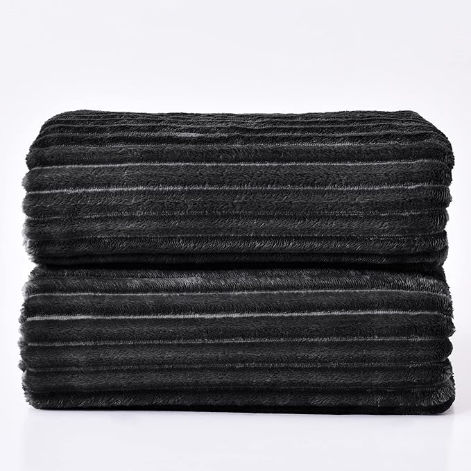 BEDELITE Fleece Throw Blanket for Couch – 3D Ribbed Jacquard Soft and Warm Decorative Fuzzy Blanket – Cozy, Fluffy, Plush Lightweight Black Throw Blankets for Bed, Sofa, 84x90 inches