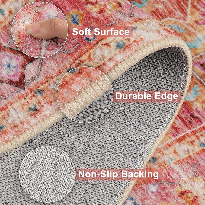 Yamaziot Washable Area Rug, 4x6 Non-Slip Boho Vintage Living Room Bedroom Rug with Rubber Backing, Low Pile Faux Wool Soft Distressed Rug Floor Carpet for Living Room, Laundry, Kids Playroom (Pink)