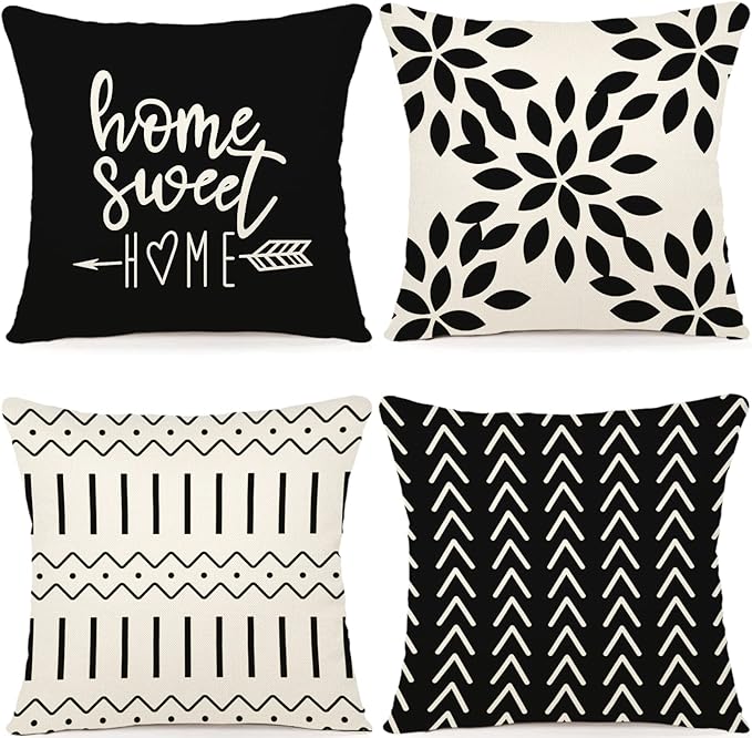 YCOLL Pillow Covers 22x22 Set of 4, Modern Sofa Throw Pillow Cover, Decorative Outdoor Linen Fabric Pillow Case for Couch Bed Car, Black