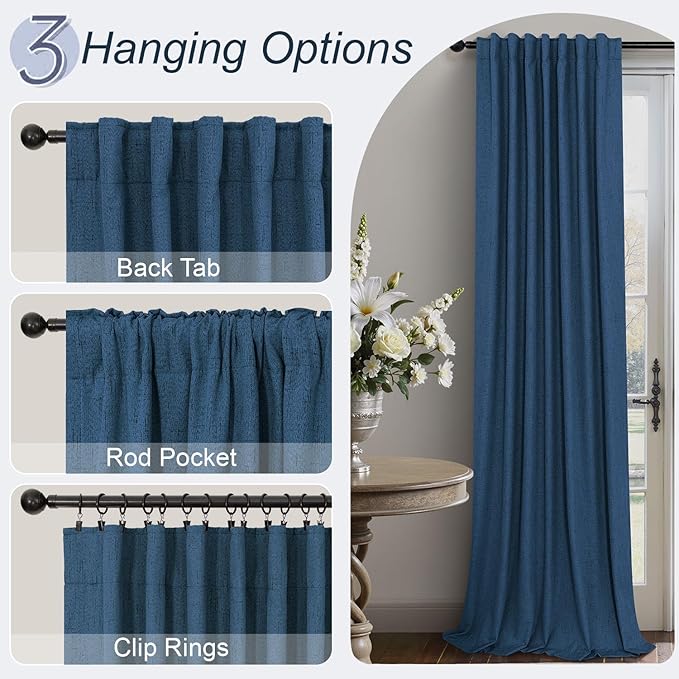 Navy Blue Curtains for Living Room 102 Inch Long 100 Percent Blackout Linen Look Viral Window Curtains for Bedroom Black Out Drapes for Nursery Bedroom Dorm 52x102 Length 2 Panels Midnight Royal Blue