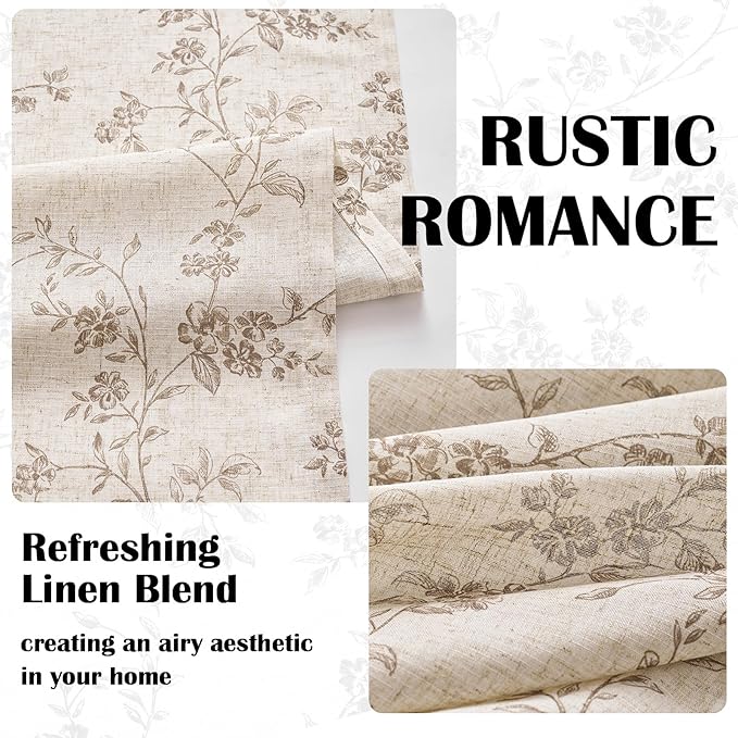 Lazzzy Floral Linen Curtains Farmhouse Extra Long Curtain for Living Room Bedroom Light Filtering Vintage Rod Pocket Back Tab Drapes for Home, 2 Panels, Taupe on Beige, W38 X L108