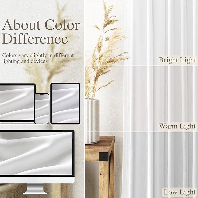 Nanspring White Linen Curtains 216 Inches Long for Living Room Extra Long Back Tab Curtains Farmhouse Light Filtering Semi Sheer Linen Drapes Ceiling to Floor for Large Window 2 Panels Set 52x216