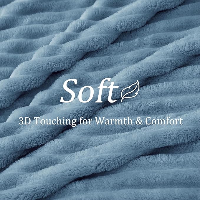 BEDELITE Fleece Throw Blanket for Couch - 300GSM Soft & Warm Fluffy Light Blue Blanket, Decorative and Giftable Striped Blankets for Women, Men, 50"x70"