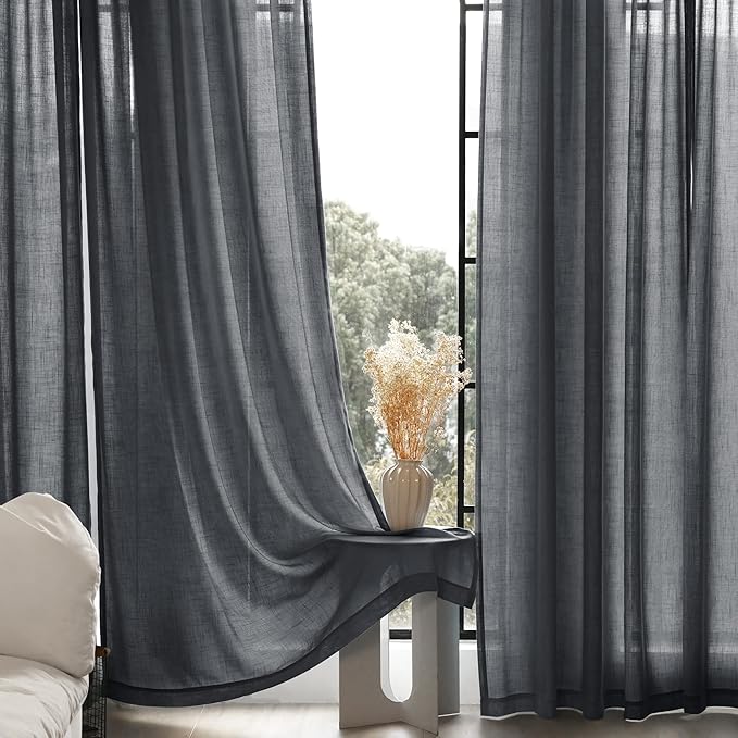 Dark Gray Curtains for Living Room Back Tab Modern Farmhouse Semi Sheer Gray Curtains 84 inches Long 2 Panels Set Muted Neutral Window Curtain for Dining Room Bedroom 52x84