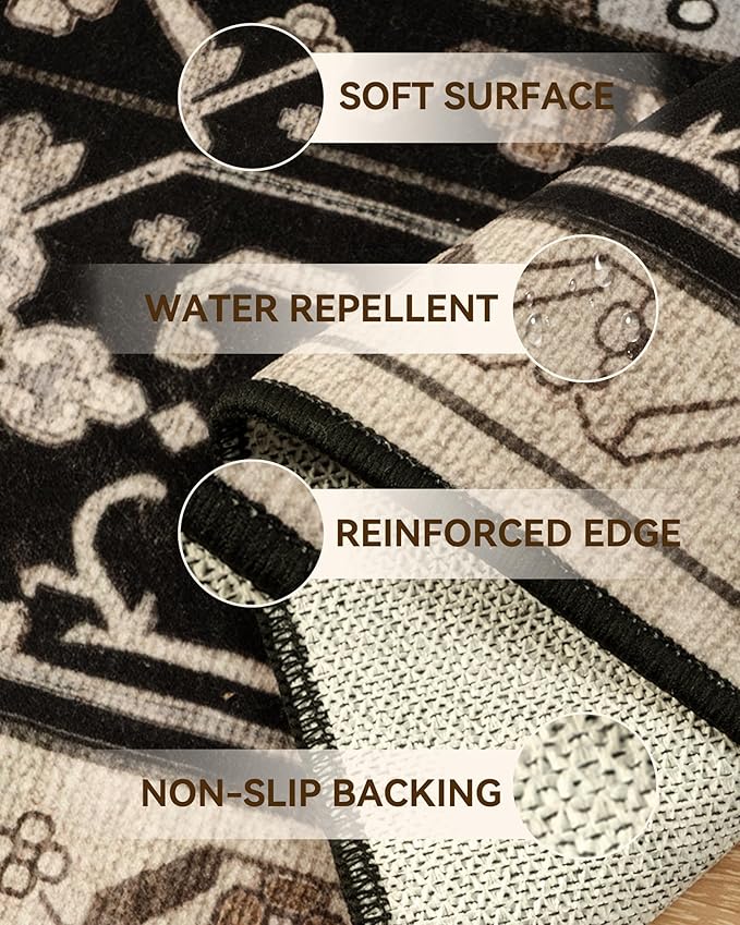 RELEANY Area Rugs 2'x6' Runner Rug Non Slip Washable for Kitchen Hallway Bedroom Beside Laundry Room Bathroom Rug, Floor Carpet, Black Brown Neutral Dark Tan