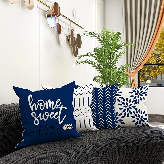 YCOLL Pillow Covers 20x20 Set of 4, Modern Sofa Throw Pillow Cover, Decorative Outdoor Linen Fabric Pillow Case for Chair Sofa Couch Bed Car, Dark Blue