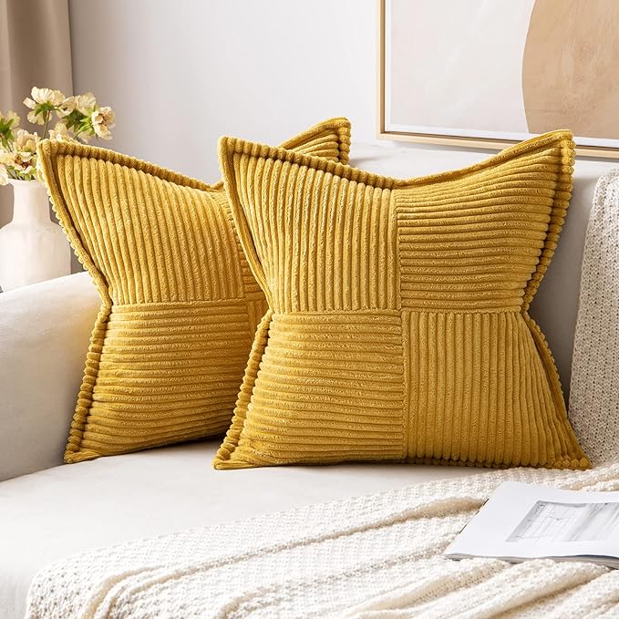 MIULEE Decorative Throw Pillow Covers for Couch Bed Livingroom 20x20 Inch Set of 2 Fall Mustard Yellow Boho Accent Throw Pllows Broadside Striped Patchwork Soft Corduroy Pillowcases
