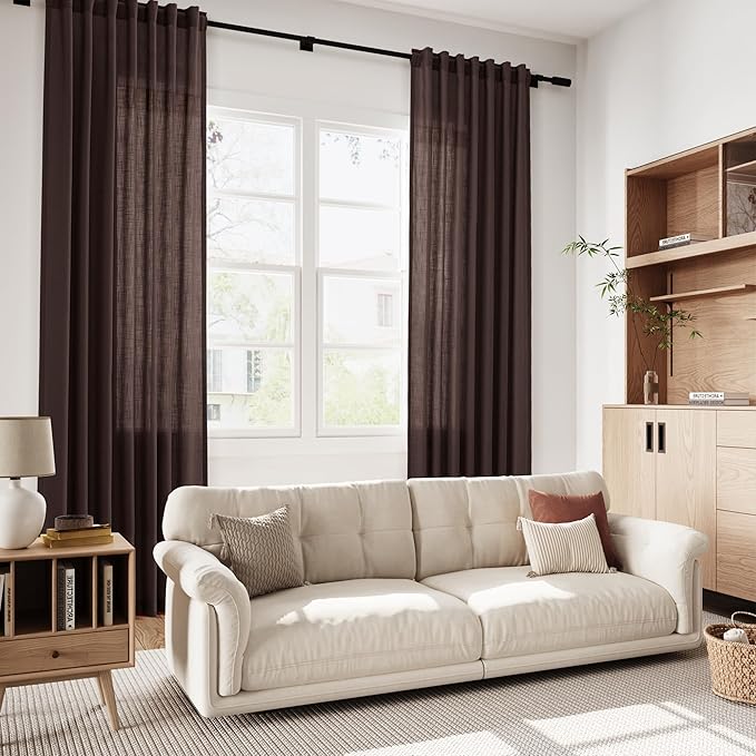 Coffee Brown Linen Curtains for Living Room 94 Inches Long Light Filtering Semi Sheer Curtain Back Tab Rod Pocket Luxury Modern Rustic Home Decor Neutral Drapes for Bedroom Dinner Room 52x94, 2 Panels