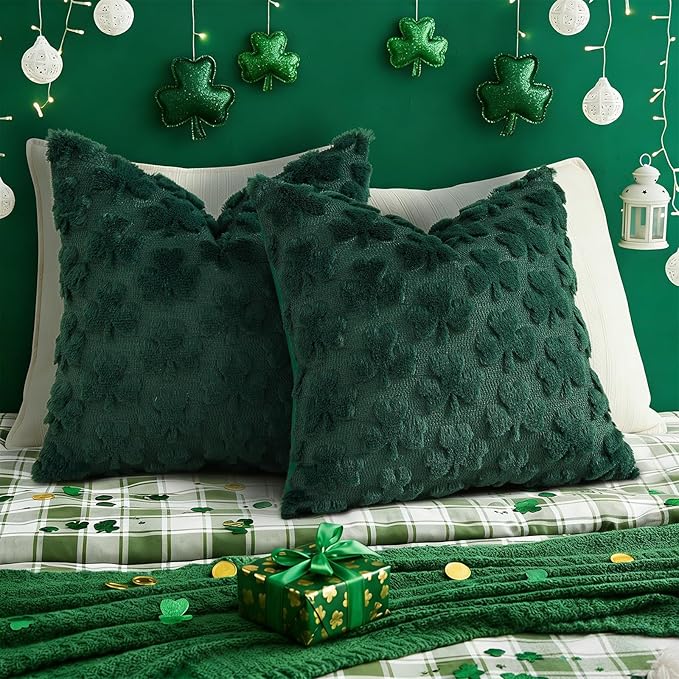 decorUhome St. Patrick’s Day Shamrock Green Pillow Covers 18x18 Inch Set of 2, Soft Plush Faux Wool Throw Pillow Covers, Farmhouse Spring Holiday Decor for Sofa Living Room