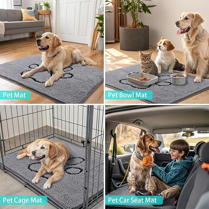 Smiry Dog Door Mat for Muddy Paws, Absorbent Dirt Trapper Non Slip Quick Dry Washable Chenille Mat for Mud Dogs, Entry Rug for Indoor and Outdoor (70x24 Inches, Grey and Black)
