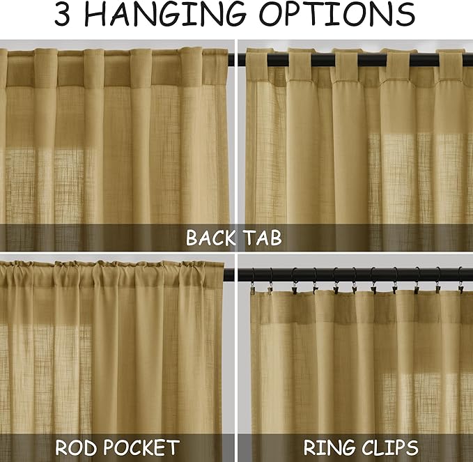 Nanspring Gold Linen Curtains 102 Inches Long Rod Pocket Back Tab Drapes 2 Panels Set for Living Room Bedroom Light Filtering Semi Sheer Gold Curtain 102 Length for Patio Door 52x102